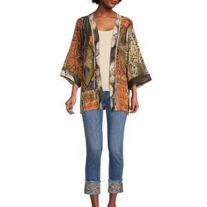 John Mark Mix Print Open Front Multi Color Tassel Detailed 3/4 Sleeve Kimono